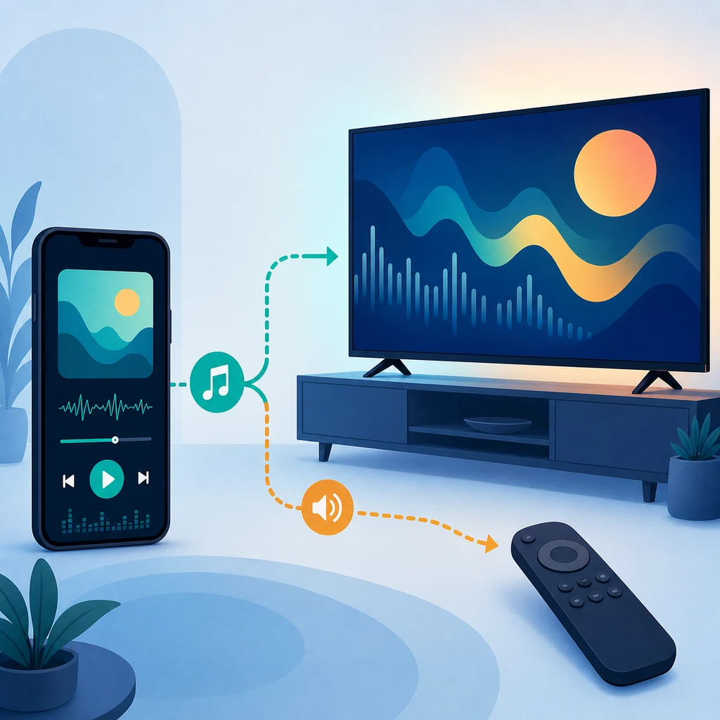 Conceptual illustration of a phone sending music toward a TV and remote control