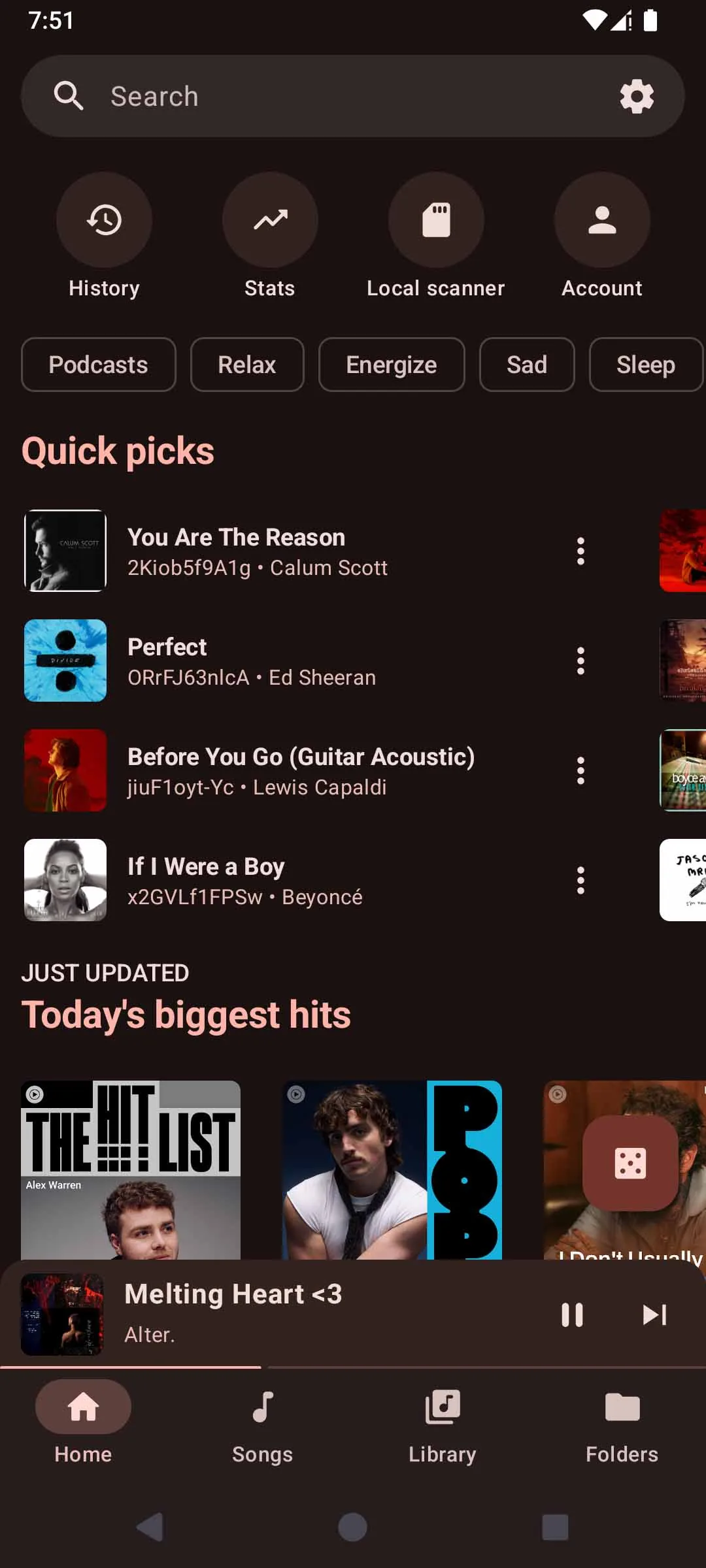 Official OuterTune home screen in a Metrolist vs OuterTune comparison